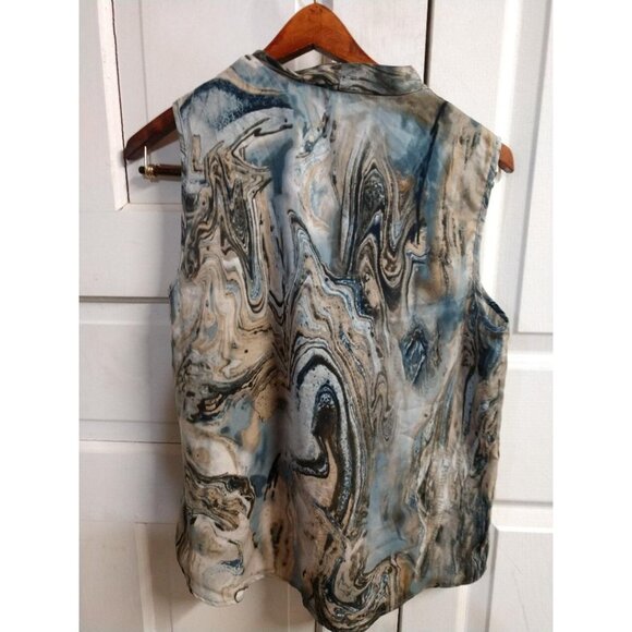 Marbled Sleeveless Button-Down Blouse By Mine In Abstract Blue & Beige Print-Siz - Picture 2 of 7